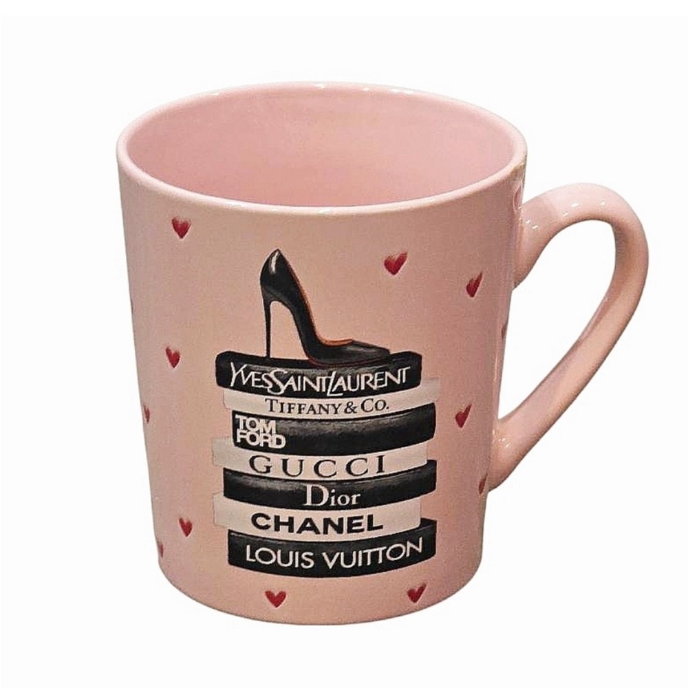 Designer Pink Mug with Heart Accents, Features a Stiletto Atop Designer Books - Picture 2 of 2
